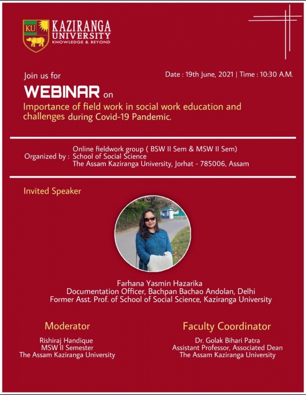 Webinar on Importance of Fieldwork in Social Work Education and Challenges during COVID-19 Pandemic, organized by the School of Social Sciences.