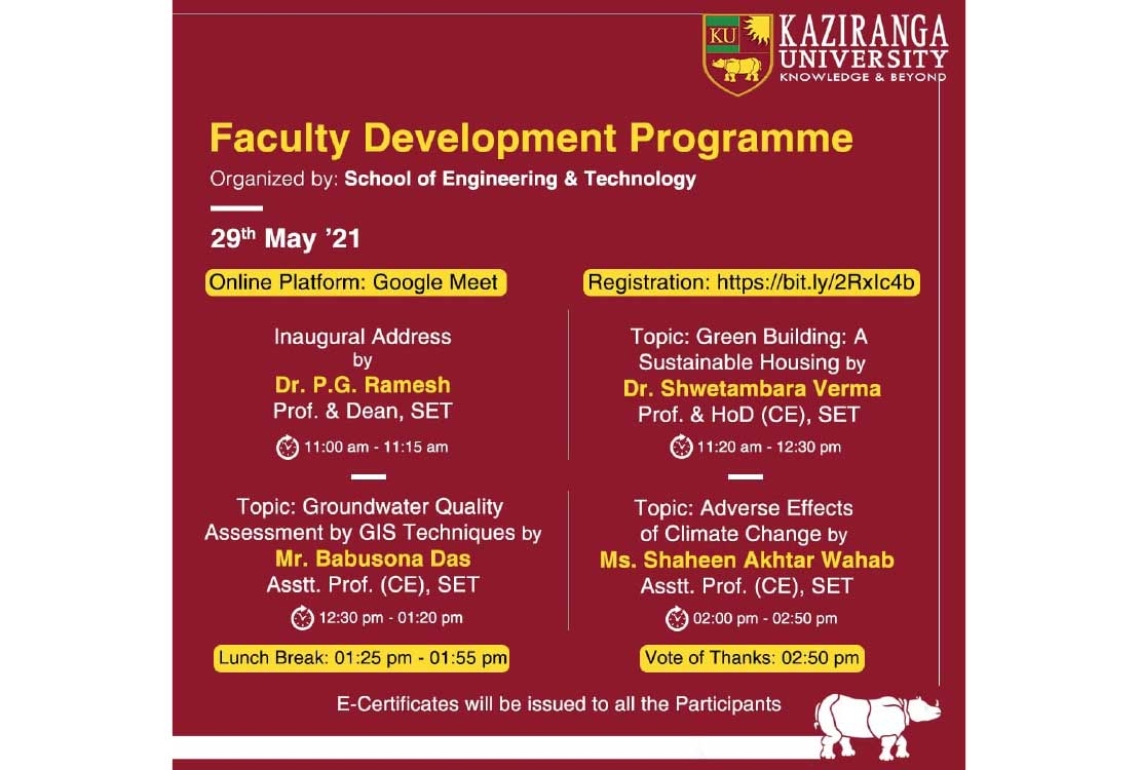 Faculty development programme on "Environmental Issues and its Sustainable Development" was held at the Department of Civil Engineering of Assam Kaziranga University