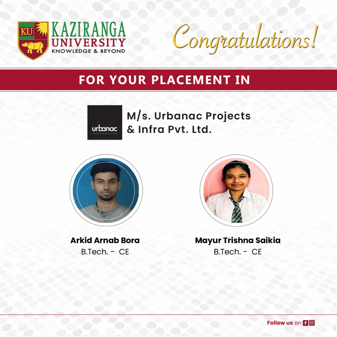 KU Btech CSE Students Placed with M/s. Urbanac Projects &amp; Infra Pvt. Ltd