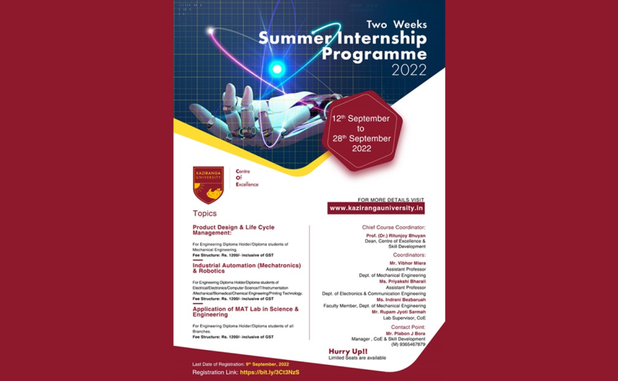 Two Weeks  Summer Internship Programme 2022 for diploma college students at  Center of Excellence of The  Assam Kaziranga University, Jorhat from  12 Sept. 2022 to 28th Sept. 2022