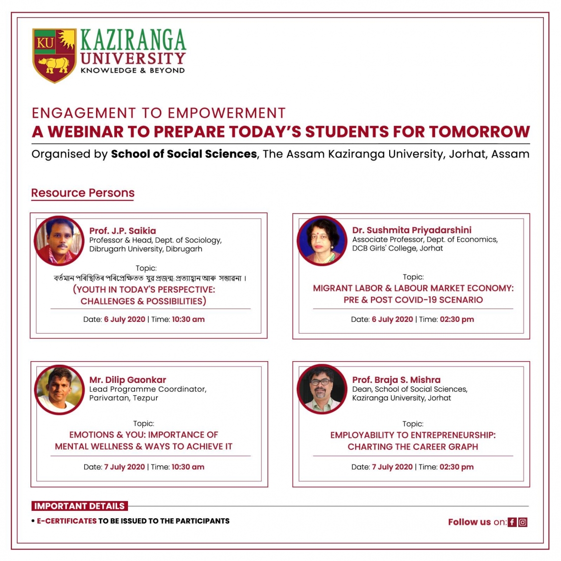 Webinar on Engagement to Empowerment: A Webinar to Prepare Today's Students for Tomorrow on the 6th &amp; 7th of July 2020.