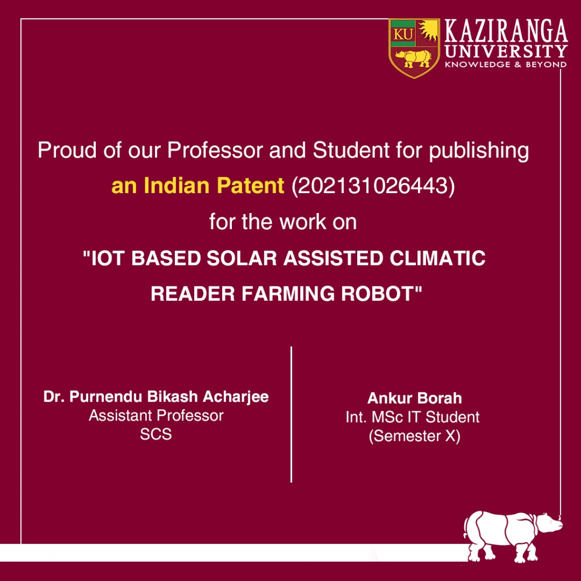 Indian Patent on IOT BASED SOLAR ASSISTED CLIMATIC READER FARMING ROBOT
