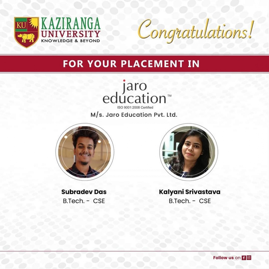 2 BTech CSE students Placed at M/s. Jaro Education Pvt. Ltd