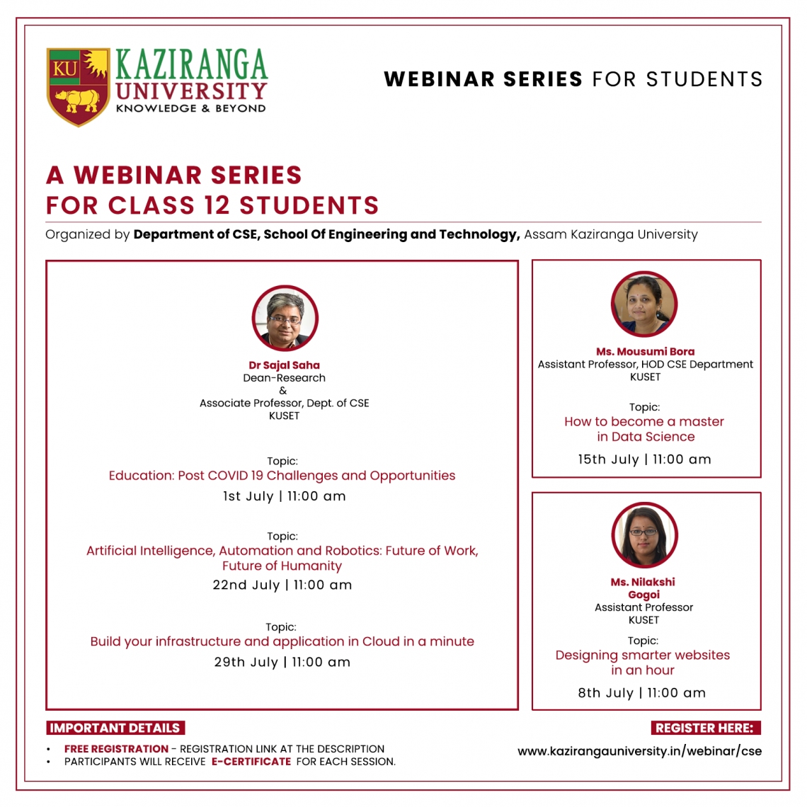 A webinar series for class 12 students organized by department of Computer Science Engineering