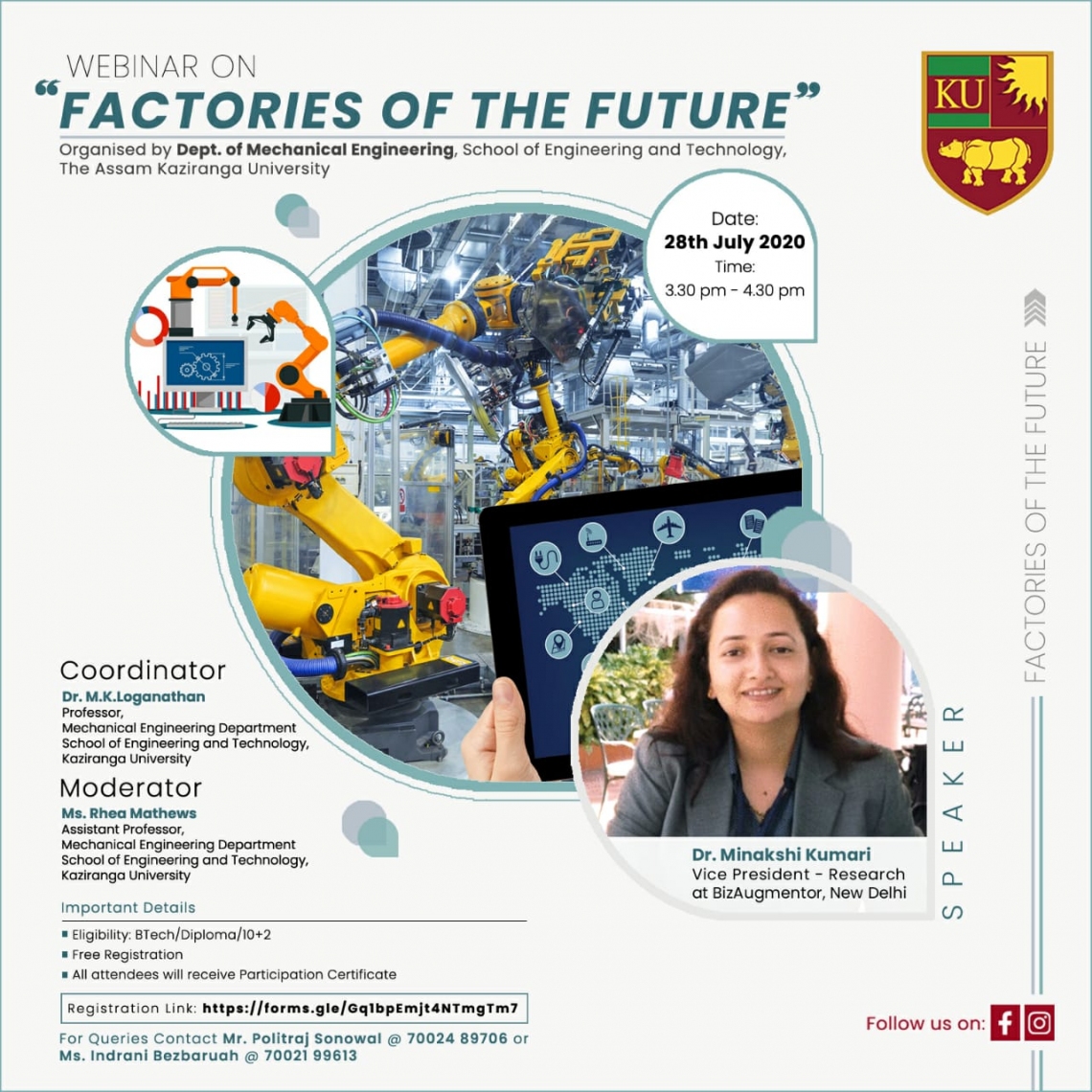 Technical Webinar on, "Factories of the Future" with Dr Minakshi Kumari, Vice-President (Research), BizAugmentor, New Delhi