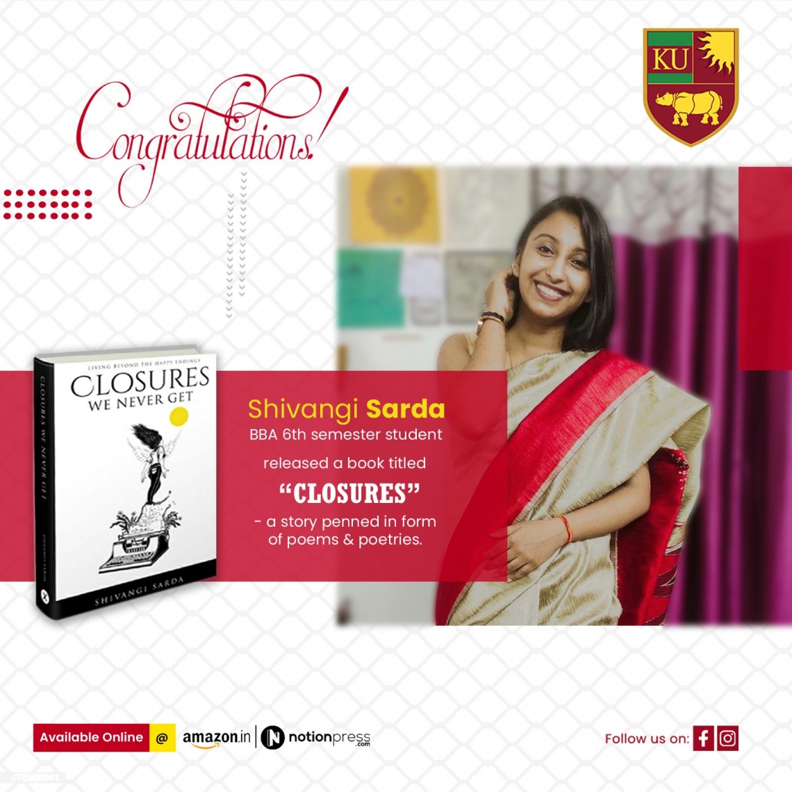 BBA 6th Semester student, Shivangi Maheswari on the release of her book titled, "CLOSURES".