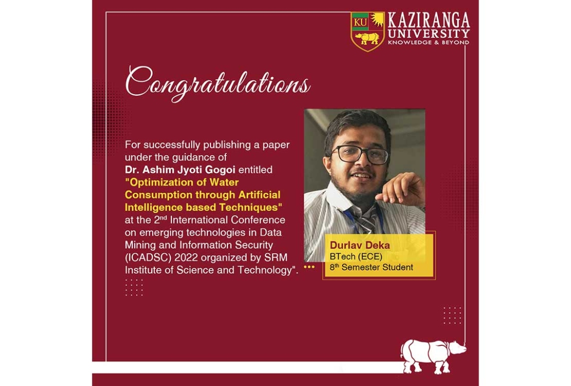 Durlav Deka successfully published a paper entitled as Optimization of water consumption through Artificial Intelligence based techniques